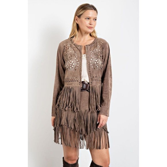 easel Jackets & Coats Easel Mocha Faux Suede Rounded Neckline